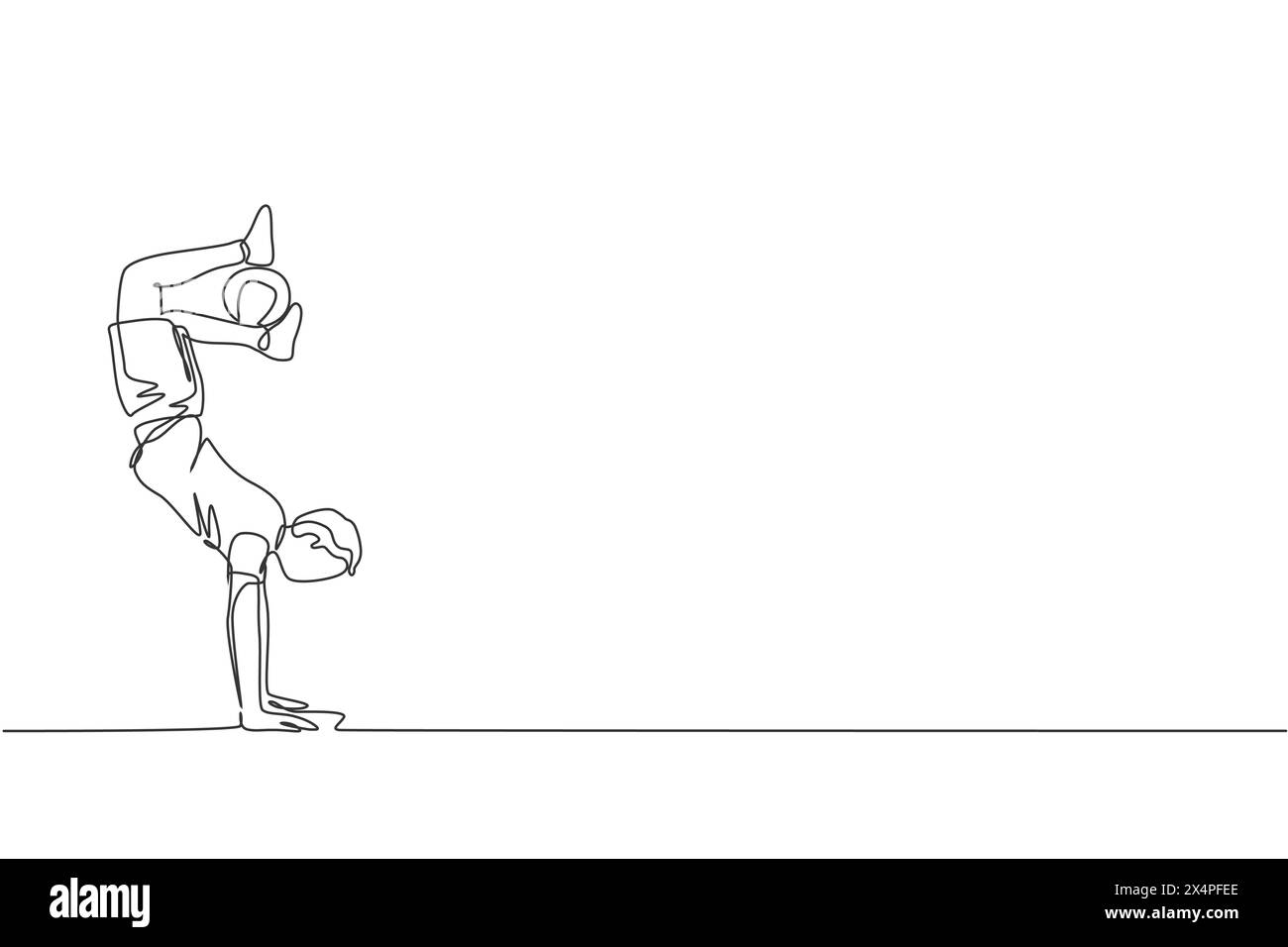 Eine durchgehende Linienzeichnung des Freestyler-Trainings für junge Männer hält den Ball mit Füßen, während er auf der Straße steht. Fußball Freestyle Sport Co Stock Vektor