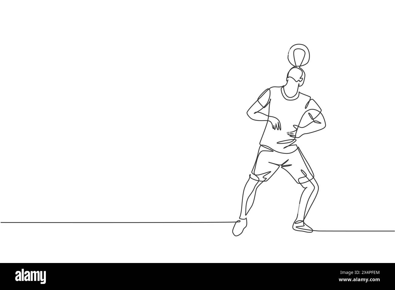 Eine einzelne Linie Zeichnung des jungen glücklichen Mannes führen Fußball Freistil, halten den Ball auf Kopf an der Stadt Platz Vektor Illustration. Football Freestyler Stock Vektor
