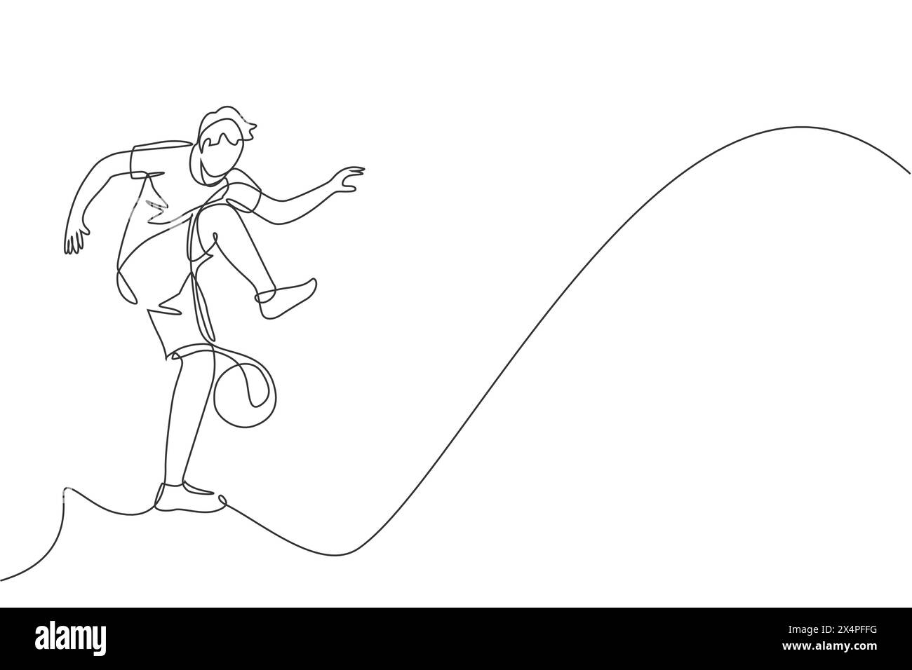 Eine durchgehende Linie, die jungen Sportmann-Fußball-Freestyler-Spieler zeigt, der Jonglierball auf der Straße übt. Fußball-Freestyle-Sportkonzept. Dynamisches Si Stock Vektor