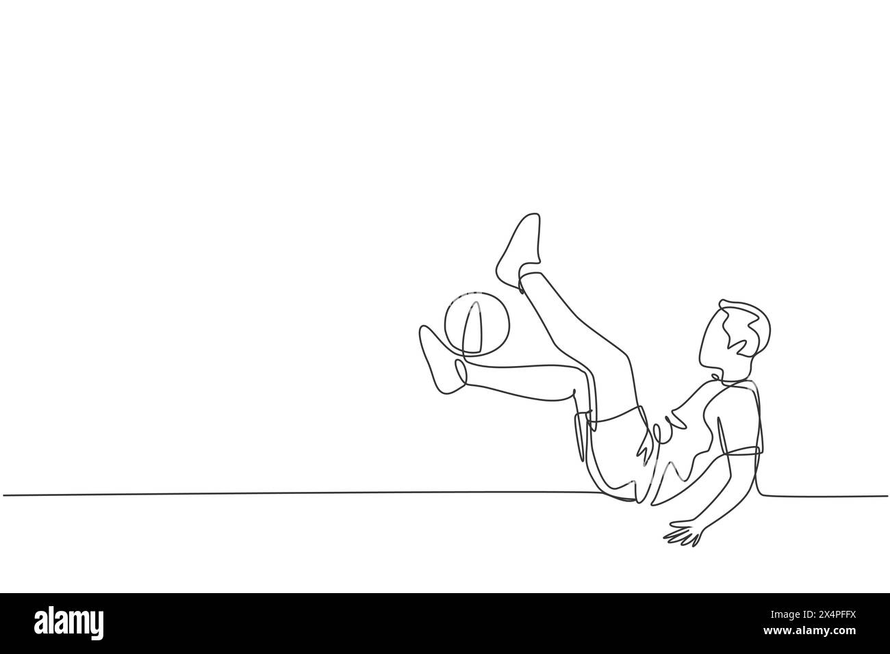 Eine einzelne Linie Zeichnung des jungen glücklichen Mannes führen Fußball Freestyle jonglieren mit Shinbone an der Stadt Platz Vektor Illustration. Football Freestyler Stock Vektor