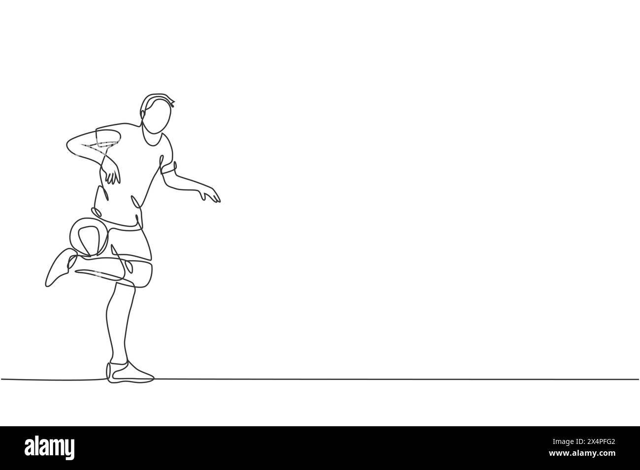 Eine durchgehende Linienzeichnung des Fußballspielers junger sportlicher Männer, der den Ball mit Waden auf der Straße hält. Fußball Freestyle Sport Conc Stock Vektor