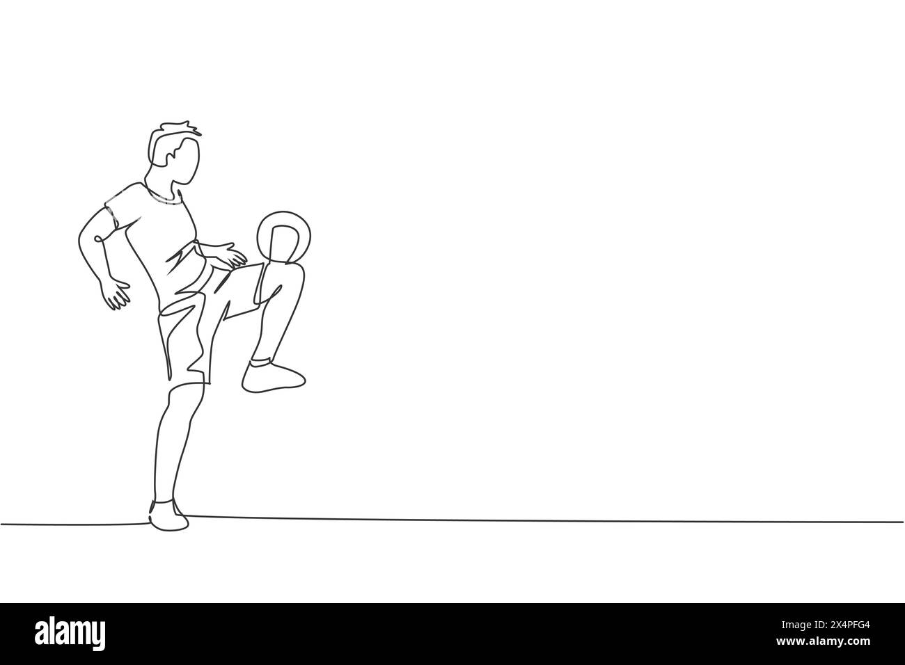 Eine einzelne durchgehende Linienzeichnung eines jungen Sportmannes trainiert Fußball-Freestyle, jongliert mit dem Oberschenkel auf dem Spielfeld. Fußball-Freestyler-Konzept. Trendig Stock Vektor
