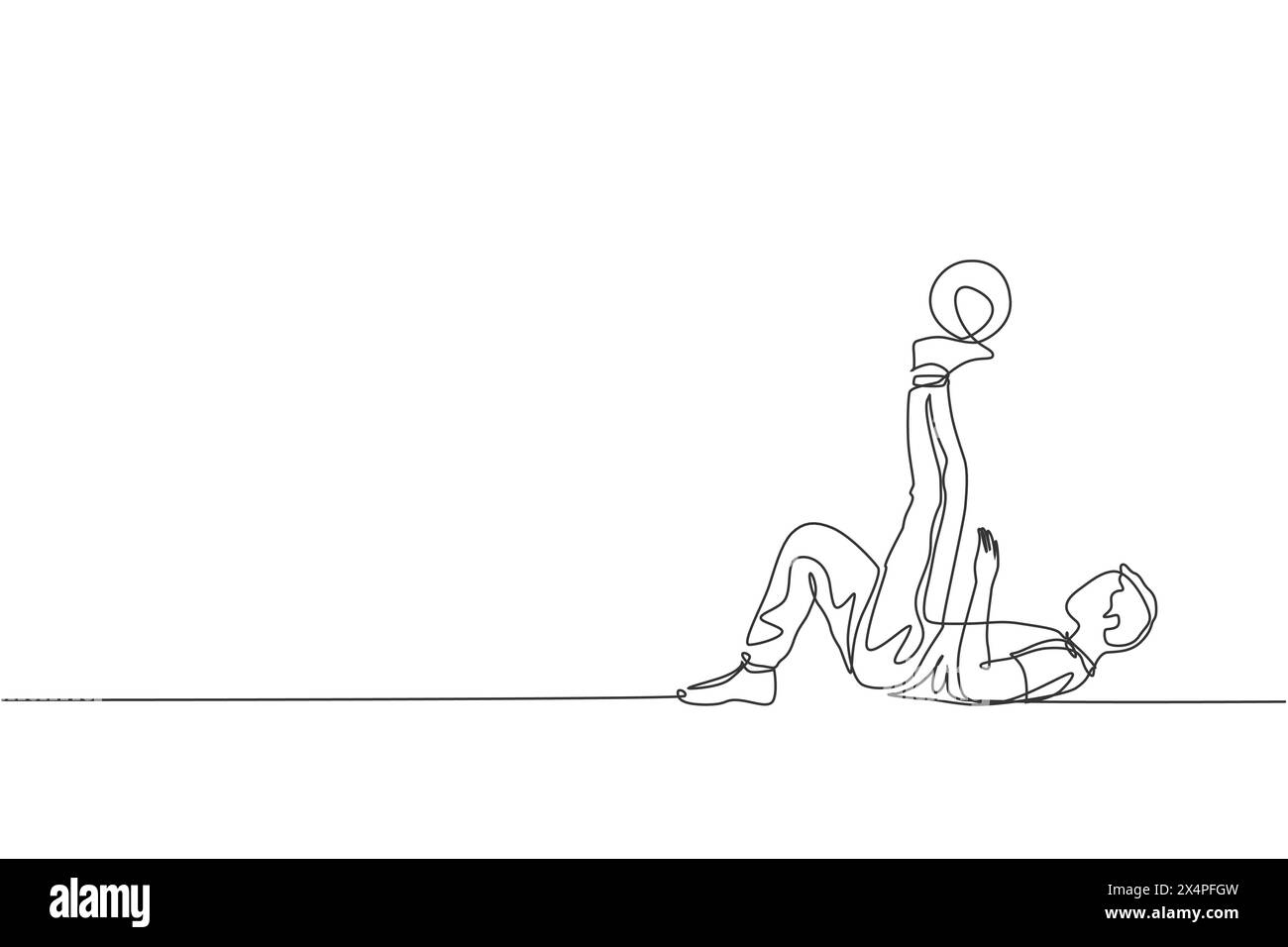 Eine durchgehende Linienzeichnung des Fußballfreestyler-Trainings des jungen sportlichen Mannes hält den Ball mit Zehen auf der Straße. Fußball-Freestyle-Sportkonzept. Dyn Stock Vektor