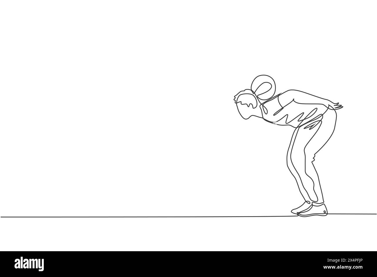 Eine durchgehende Linienzeichnung des Fußballspiels junger Sportler hält den Ball mit Nacken auf der Straße. Fußball-Freestyle-Sportkonzept. Dy Stock Vektor