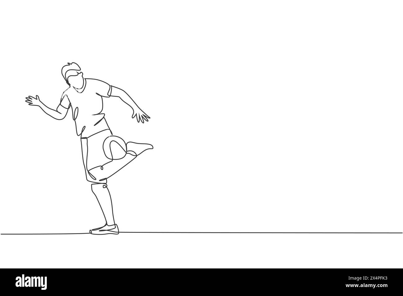 Eine einzelne Linie Zeichnung des jungen glücklichen Mannes führen Fußball Freestyle, halten den Ball mit Waden an der Stadt Platz Vektor Illustration. Fußball Freestyler s Stock Vektor