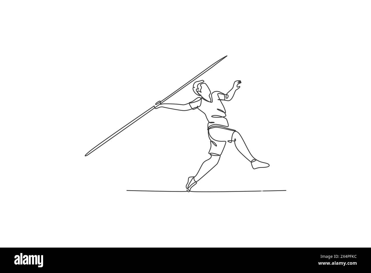Eine durchgehende Linienzeichnung junger sportlicher Männer, die ihre Haltung vor dem Werfen des Speeres auf das Feld ausüben. Sportliche Spiele. Olympia-Sportkonzept. Dynam Stock Vektor