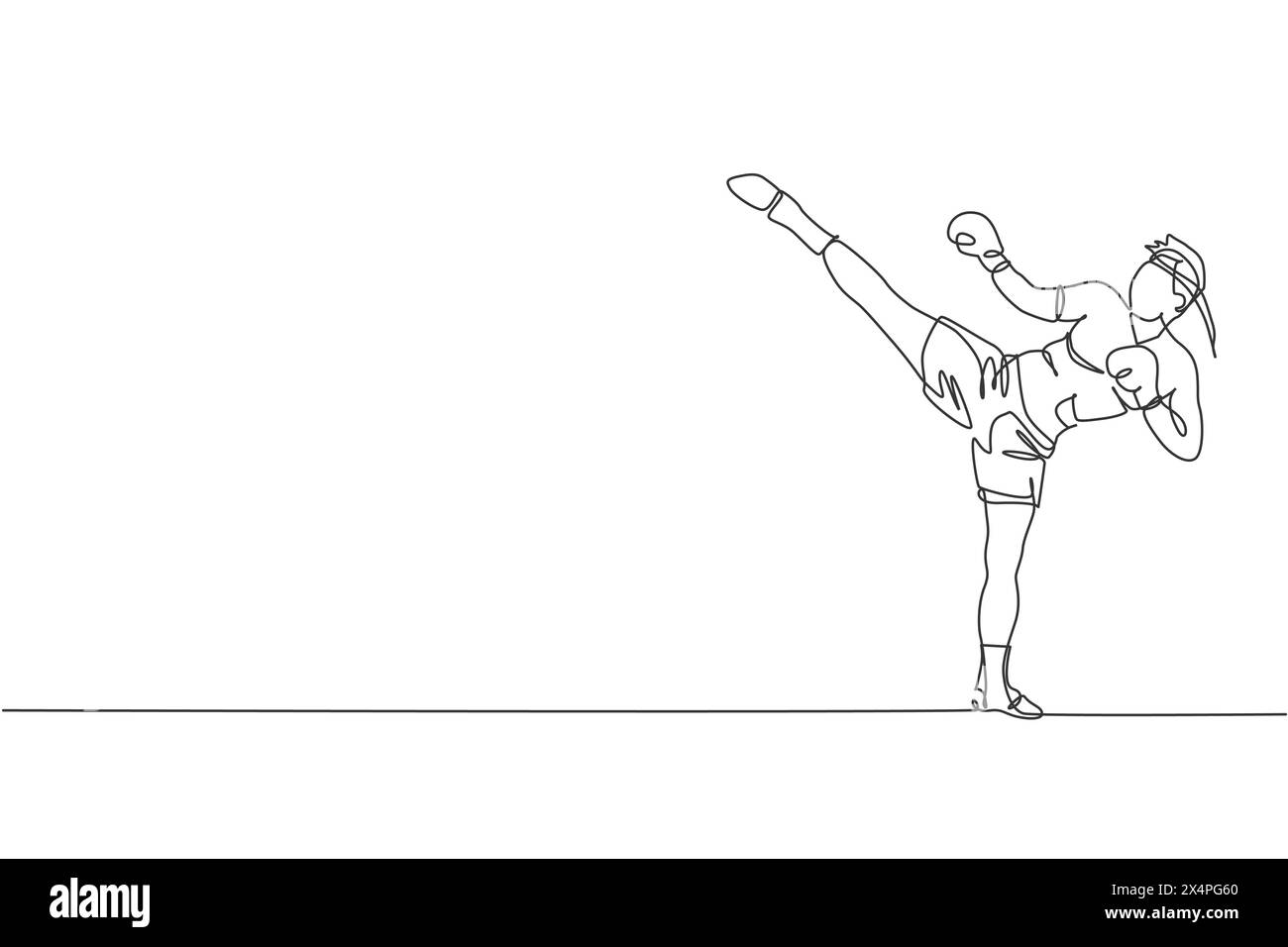 Eine einzelne Linie Zeichnung des jungen energetischen muay thai Kämpfer Mann, der an Gym Fitness Center Grafik Vektor Illustration. Kämpferische thailändische Boxen Stock Vektor