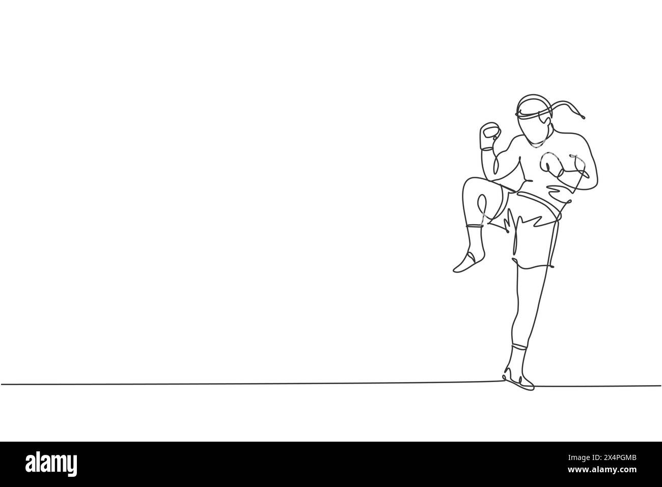 Eine einzelne Linie Zeichnung des jungen energetischen muay thai Kämpfer Mann, der an Gym Fitness Center Vektor Illustration Grafik. Kämpferische thailändische Boxen Stock Vektor