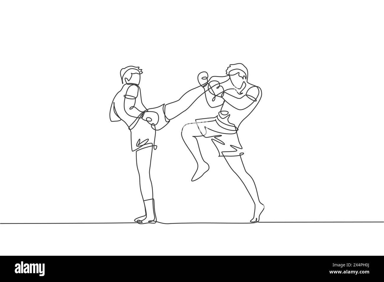 Eine einzelne Linie Zeichnung des jungen energetischen muay thai Kämpfer Mann, der an Gym Fitness Grafik Center Vektor Illustration. Kämpferische thailändische Boxen Stock Vektor