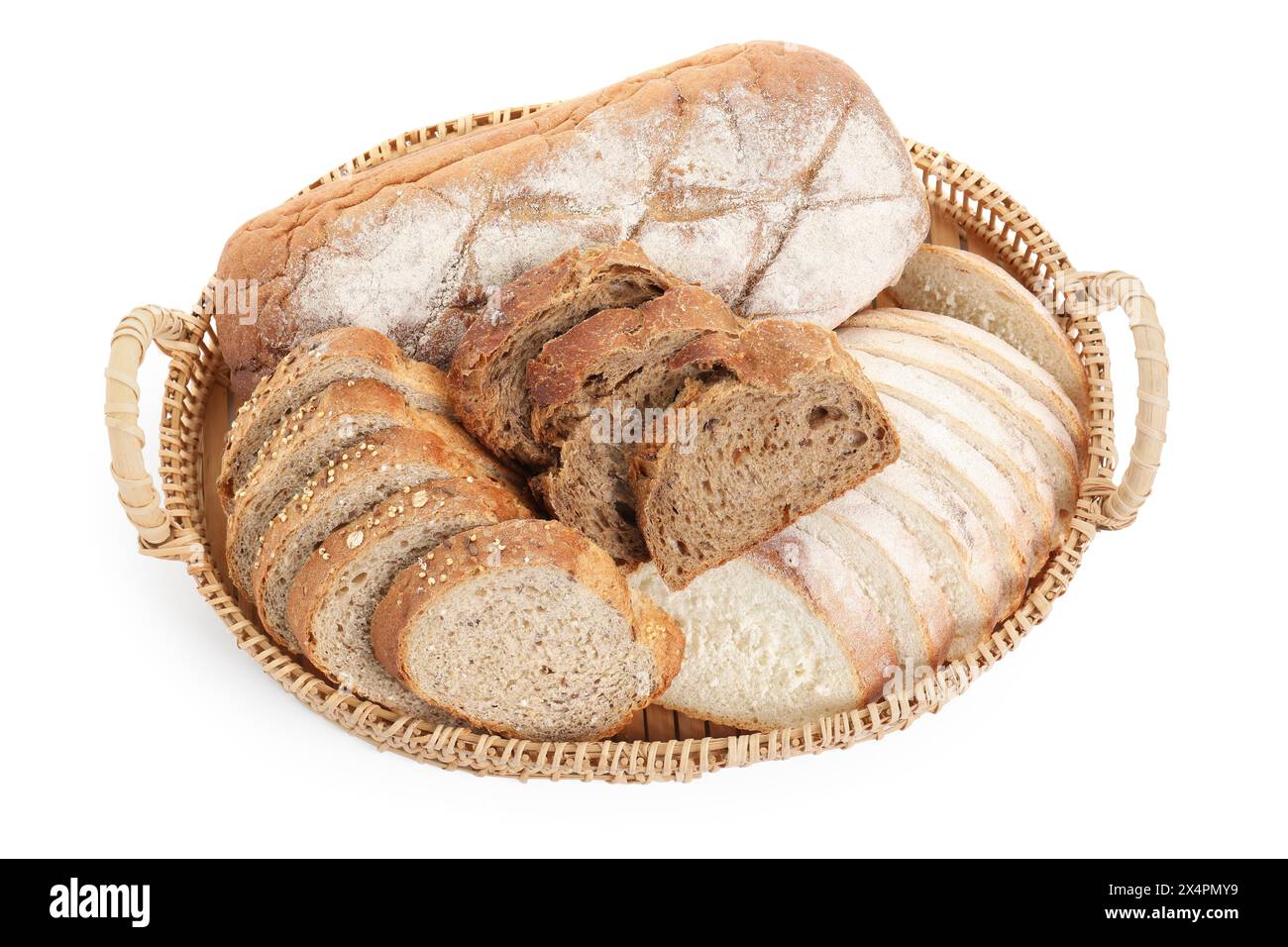 Verschiedene Brotsorten im Korb isoliert auf weißem, Draufsicht Stockfoto