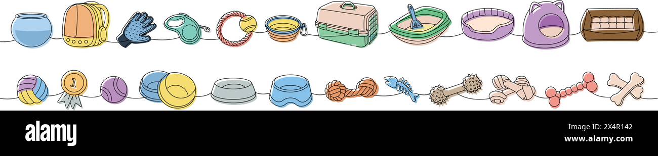 Set mit Haustierzubehör. Schlafkissen, Kauspielzeug, Ballspielzeug, Medaille, Nagelschneider, Bürste, Haarentfernerhandschuh, Maßband-Leine, tragbarer Wasserbehälter Stock Vektor