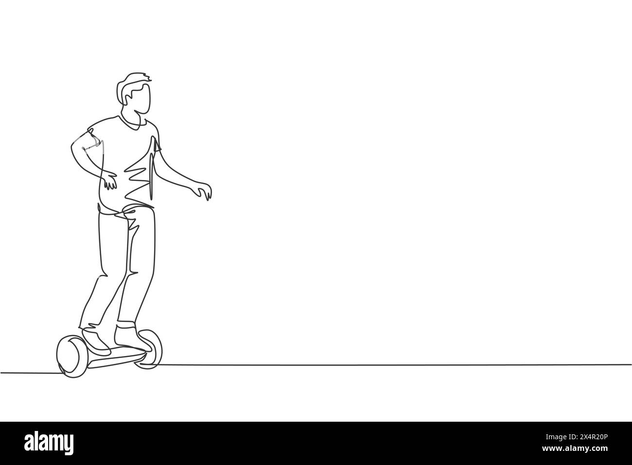 Einzelne durchgehende Linienzeichnung eines jungen glücklichen Mannes, der auf einem Hoverboard im öffentlichen Bereich reitet. Umweltfreundlicher Gyroscooter-Transport. Urbanes Lifestyle-Konzept. Stock Vektor