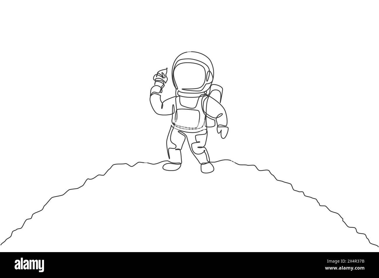 Eine einzelne Linie zeichnet Astronaut, der auf der Mondoberfläche läuft, während er süße kalte Milcheiskegel-Grafik-Vektor-Illustration isst. Fantasy Weltraum Stock Vektor