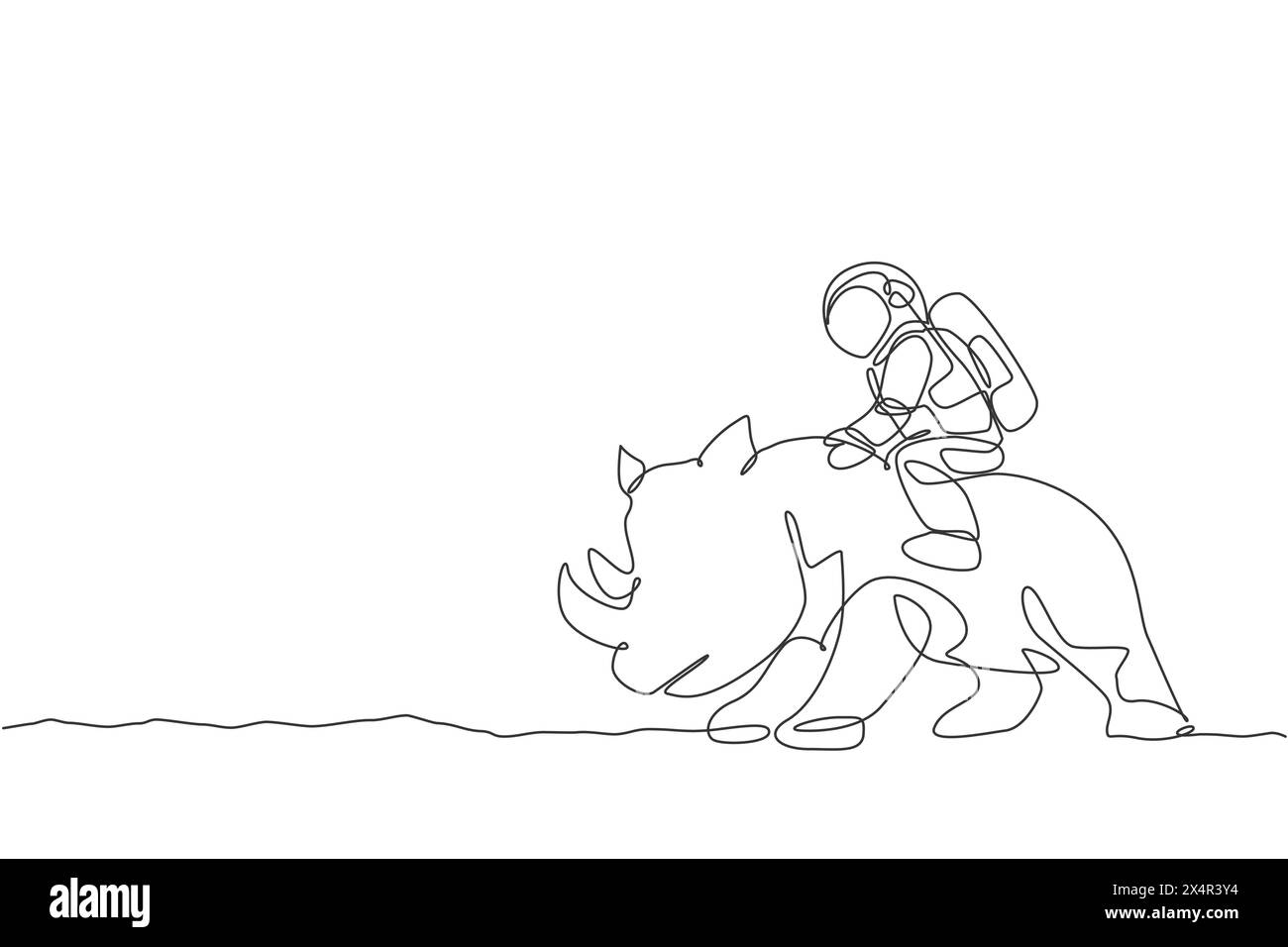 Eine durchgehende Linienzeichnung eines Raumfahrers, der auf einem Nashorn reitet, einem wilden Tier auf der Mondoberfläche. Deep Space Safari Journey Konzept. Dynamische Einzel Stock Vektor