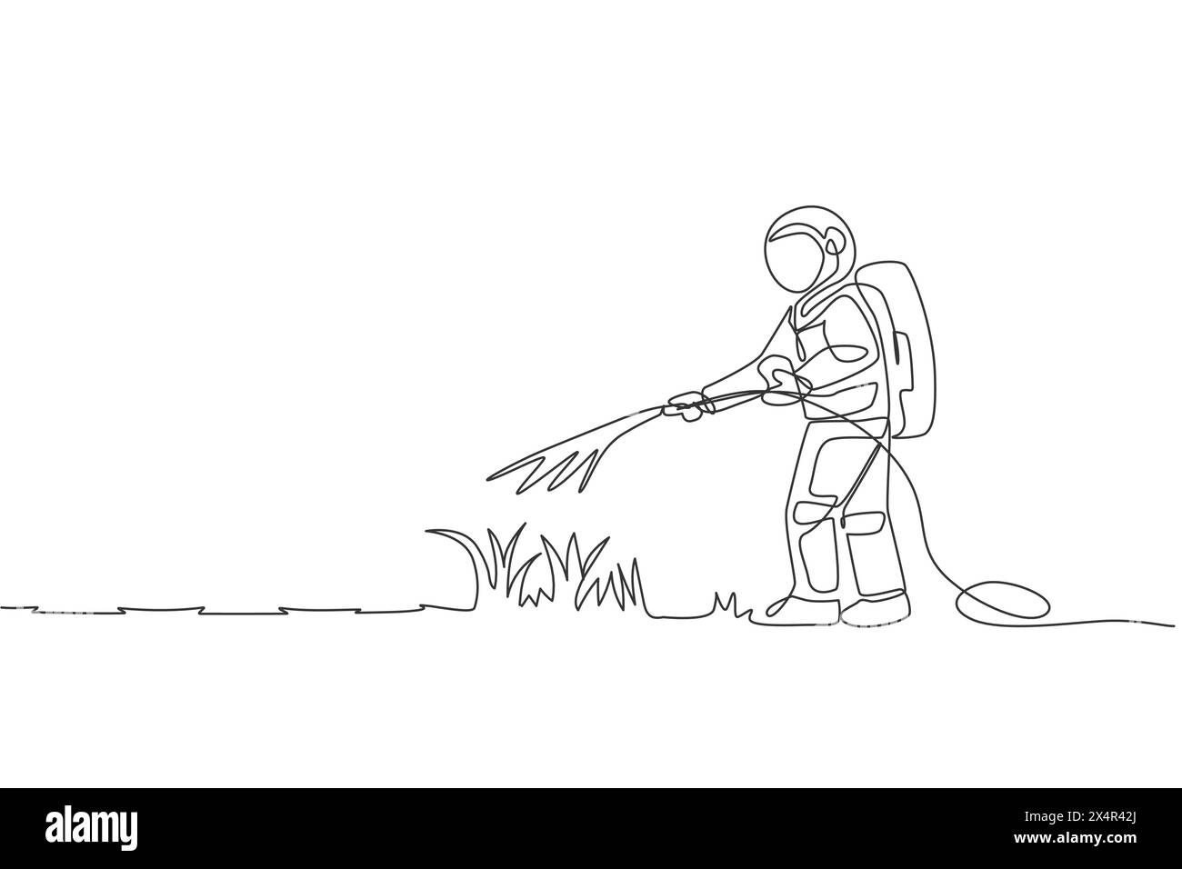 Eine durchgehende Linienzeichnung des Kosmonauten, der grünes Gras mit einem Metallkunststoffschlauch in der Mondoberfläche bewässert. Galaxy Astronaut Farming Life Concept. Trendig Stock Vektor