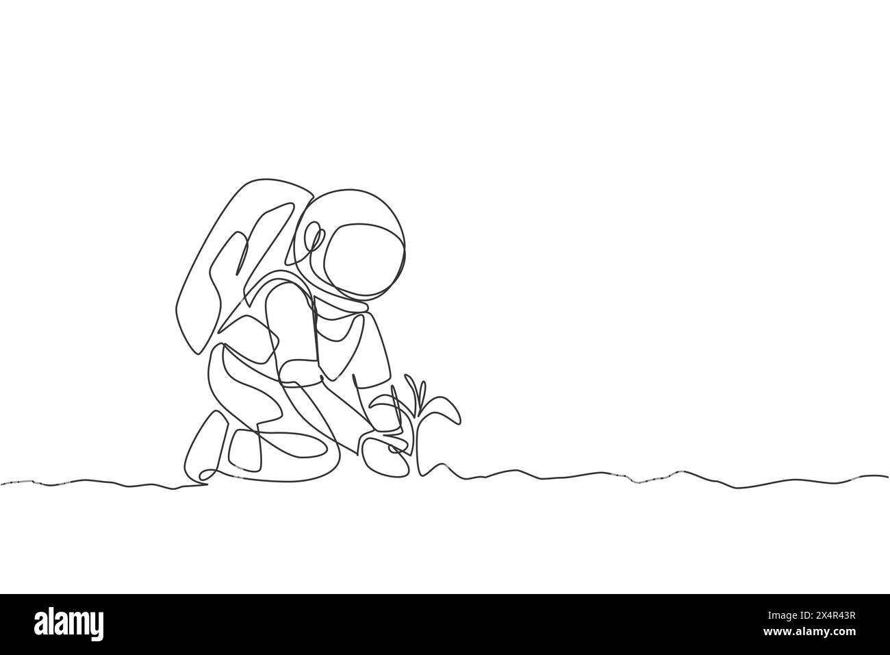 Eine durchgehende Linienzeichnung eines Raumfahrers, der neue Baumsamen vorsichtig in die Mondoberfläche pflanzt. Astronautenkonzept für die Tiefraumlandwirtschaft. Dynamischer Single Stock Vektor