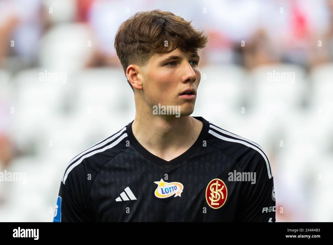 Aleksander Bobek von LKS wurde während des Polnischen PKO Ekstraklasa League-Spiels zwischen LKS Lodz und Slask Wroclaw im Wladyslaw Krol Municipal Stadium gesehen. Stockfoto