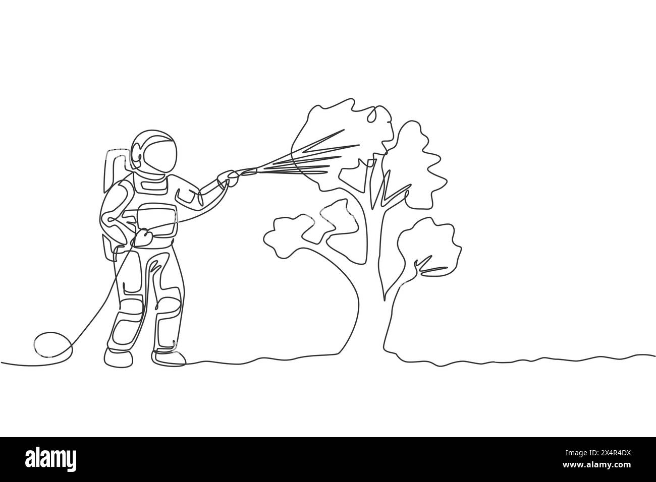 Eine durchgehende Linienzeichnung eines Raumfahrers, der einen Pflanzenbaum mit Metallschlauch in der Mondoberfläche bewässert. Astronautenkonzept für die Tiefraumlandwirtschaft. Dynamisches Si Stock Vektor