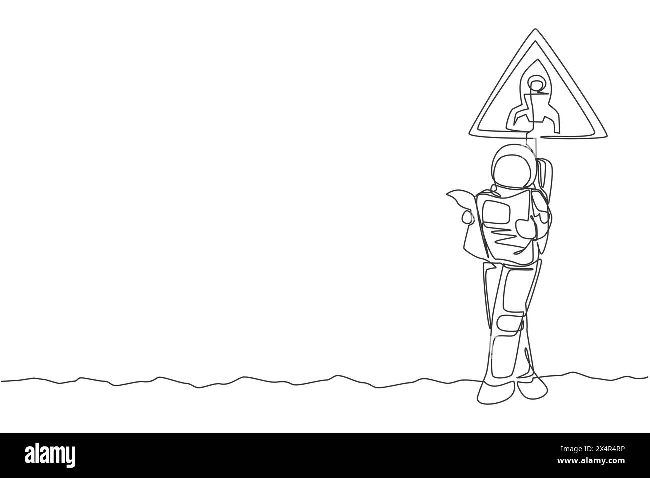 Eine durchgehende Linienzeichnung des Astronauten, der auf der Mondoberfläche steht und sich zum Schild neigt, während er Zeitung liest. Space man Deep Space Konzept. Dyn Stock Vektor