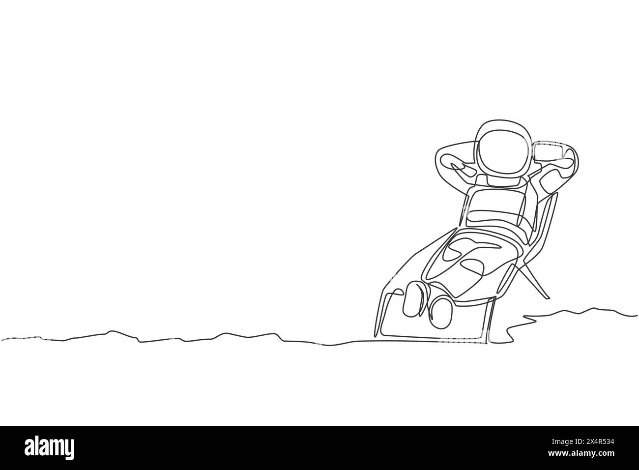 Einzelne durchgehende Linienzeichnung junger Astronauten, die sich bräunen und länger auf der Mondoberfläche schlafen. Weltraummensch kosmische Galaxiekonzept. Tre Stock Vektor