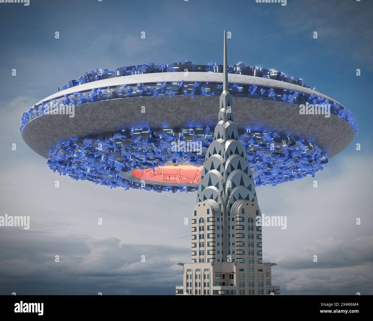 Illustration eines nicht identifizierten Flugobjekts (UFO), das über dem Chrysler Building in New York City, USA, schwebt. Stockfoto