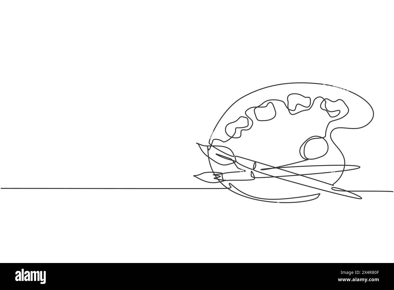 Einzelne durchgehende Linienzeichnung von Pinseln mit Farbpalette mit Acrylfarbe. Minimalistischer Back-to-School-Style. Kunstbildungskonzept. Modern o Stock Vektor