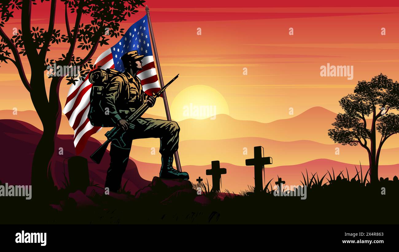 Veterans Day, Memorial Day, Unabhängigkeitstag oder Patriot Day Hintergrund. Soldat und USA Flagge bei Sonnenaufgang Vektor Illustration Stock Vektor