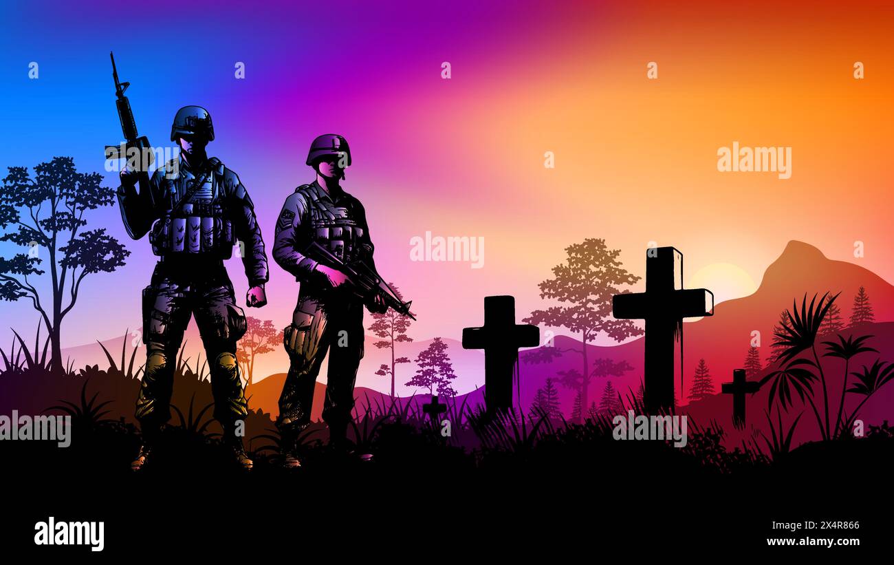 Memorial Day, Veterans Day, Unabhängigkeitstag oder Patriot Day Hintergrund. Soldat mit Grabsteinen bei Sonnenuntergang-Vektor-Illustration Stock Vektor