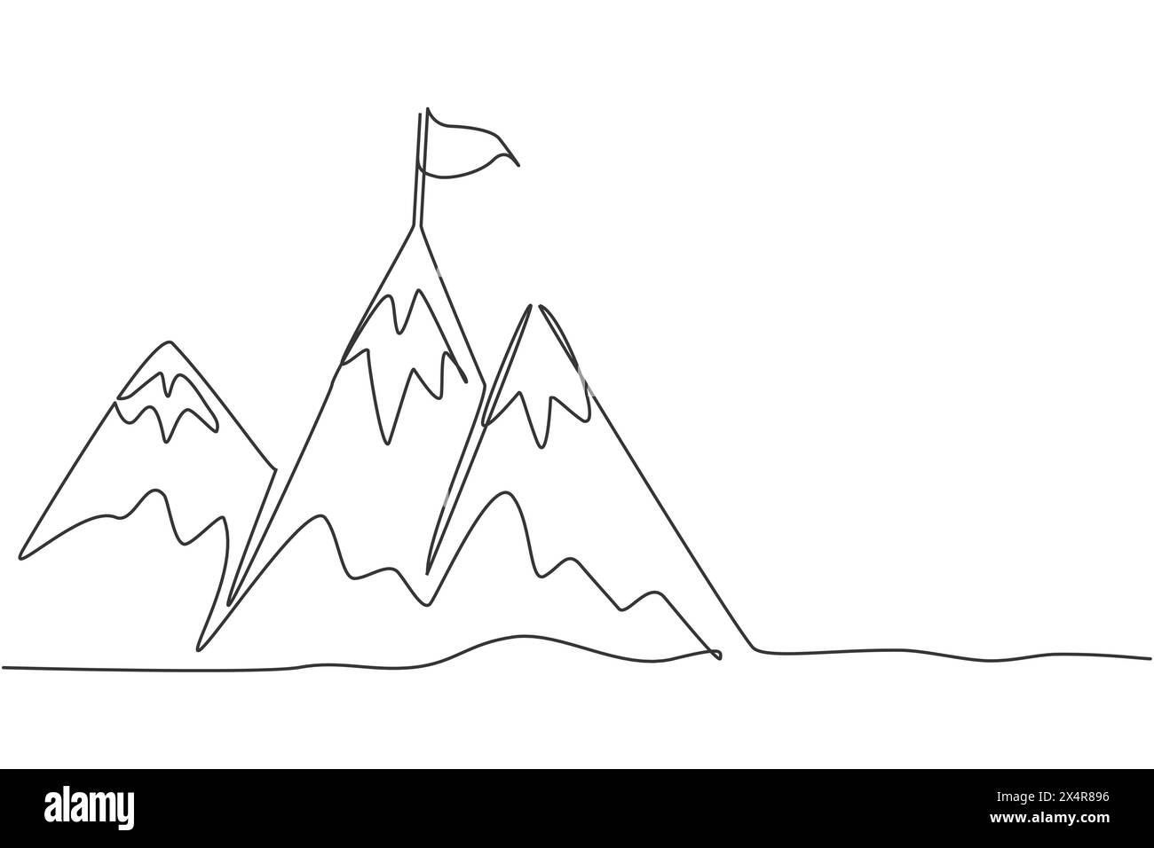 Einzelne durchgehende Linie, die Berge mit Zielflagge oben zeichnet. Das Geschäftsziel auf dem Hügel erreichen und klettern. Minimalismus Konzept dynamisch Stock Vektor