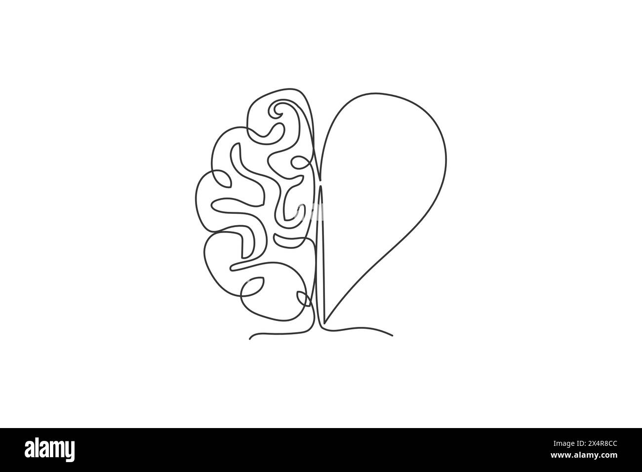 Eine durchgehende Linienzeichnung mit einem Logo in Form eines halben menschlichen Gehirns und eines Logosymbols in Form eines Herzens. Psychologische Split-Affection-Logo-Symbol-Template-Konzept. Trendig Stock Vektor