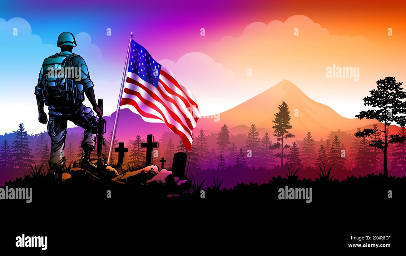 Veterans Day, Unabhängigkeitstag oder Patriot Day Hintergrund. Soldat mit Grabsteinen und USA Flagge am Sonnenuntergang Landschaft Vektor Stock Vektor