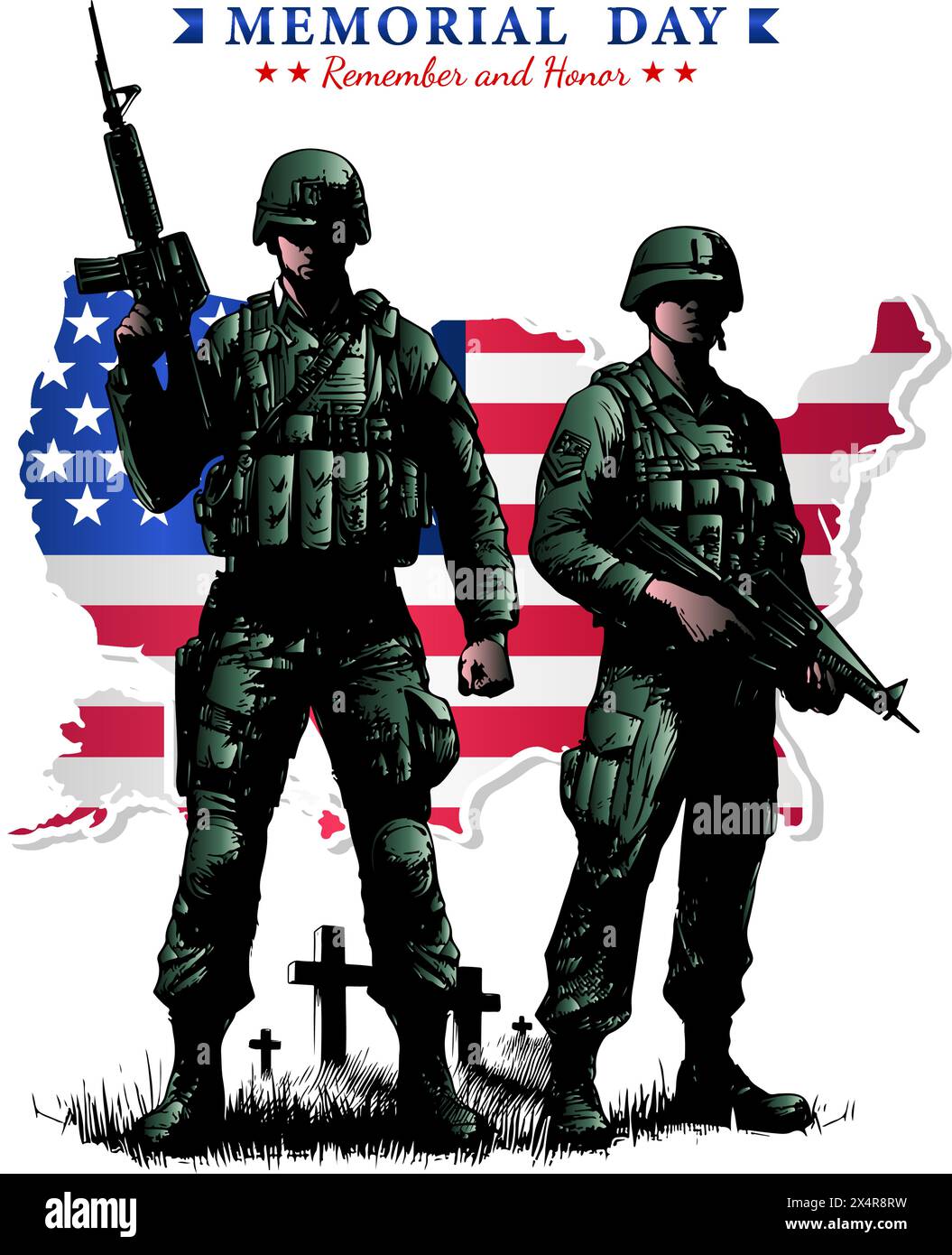 Memorial Day, Unabhängigkeitstag oder Patriot Day Konzept, zwei Soldaten bei Begräbnis mit Grabsteinen und US-Flagge Illustration Stock Vektor