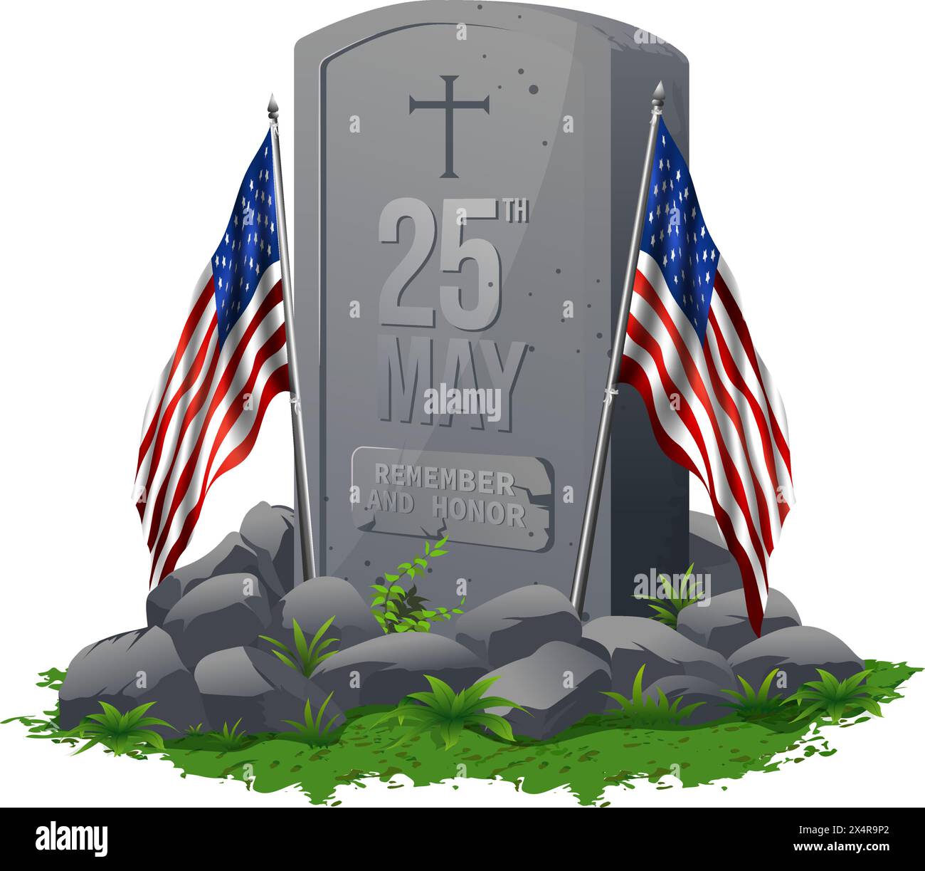 Memorial Day oder Veterans Day Konzept, Marmor Grabstein mit zwei USA Flagge, Stein und Gras. Stock Vektor