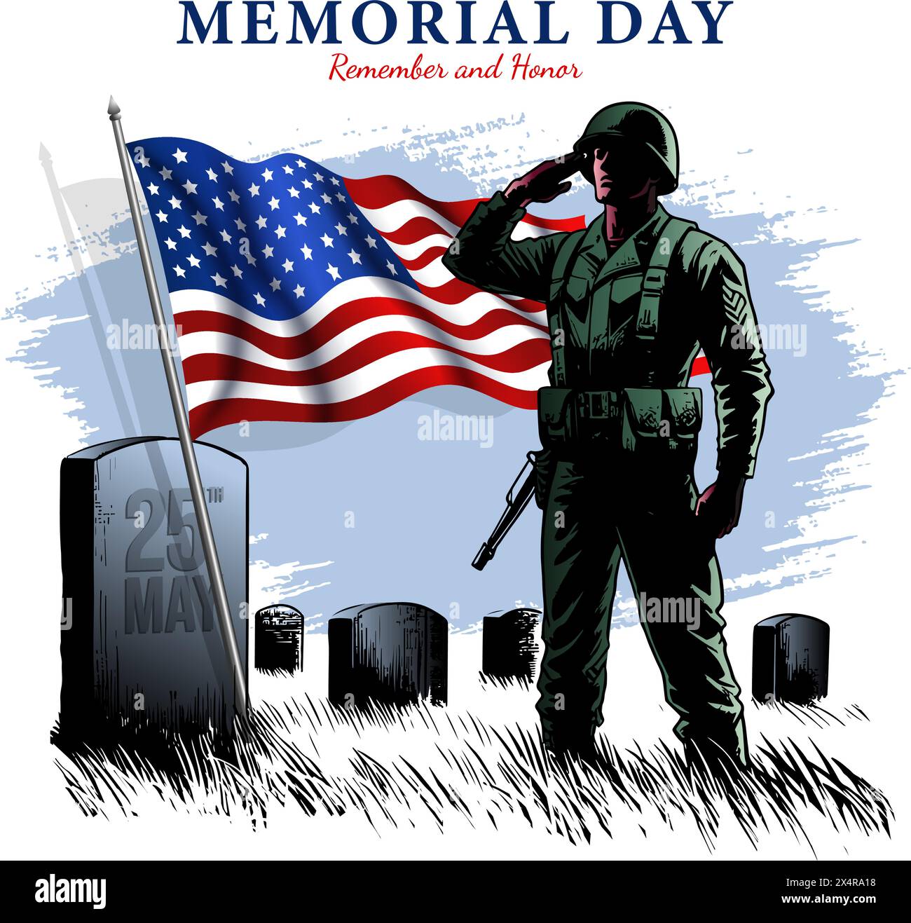 Clipart oder Symbol zum Memorial Day. Soldaten-Silhouette, die die US-Flagge grüßt Stock Vektor
