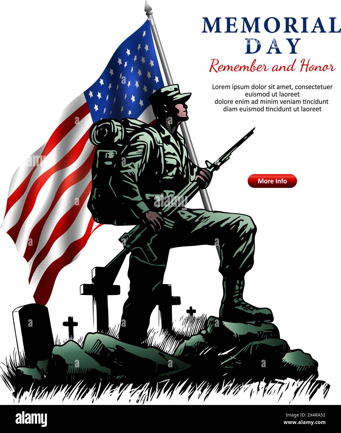 Patriot Day, Memorial Day oder Unabhängigkeitstag Konzept, Soldat bei Begräbnis mit Grabsteinen und US-Flagge Illustration Stock Vektor