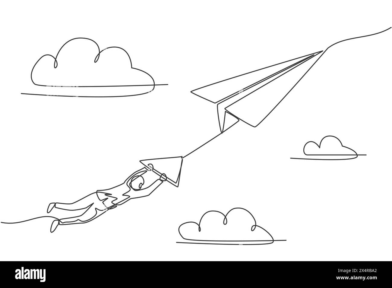 Einzelne durchgehende Linienzeichnung eines jungen Geschäftsmannes, der an einem fliegenden großen Papierflugzeug hängt. Metapher-Konzept für geschäftliche Herausforderungen. Minimalismus dynamisch Stock Vektor