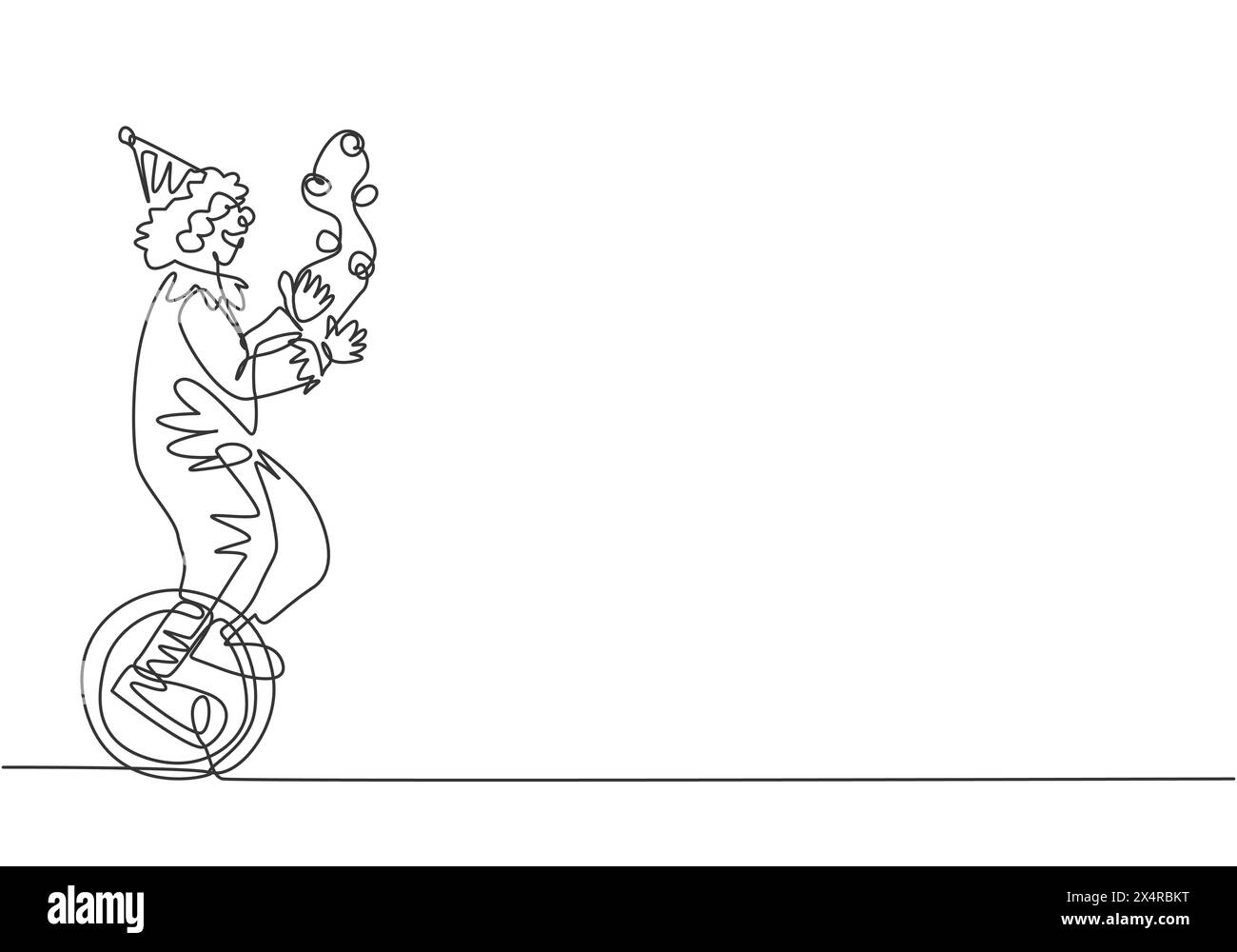 Eine Linie, die einen männlichen Clown zieht, der auf einem Fahrrad ...