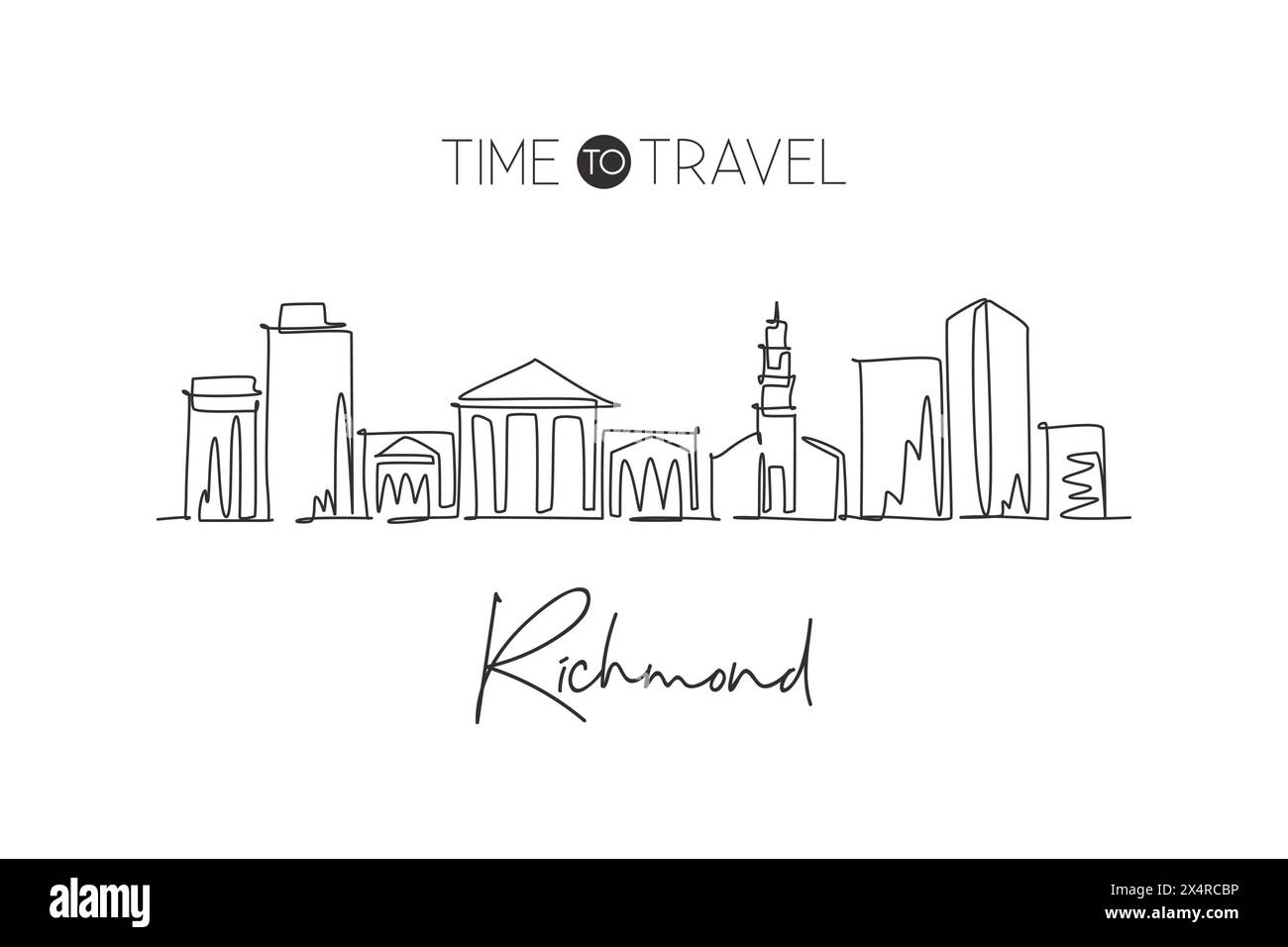 Einzelne durchgehende Linienzeichnung der Skyline von Richmond, Virginia. Berühmte Stadt-Kratzer-Landschaft. World Travel Home Wanddekoration Posterdruck Conceep Stock Vektor