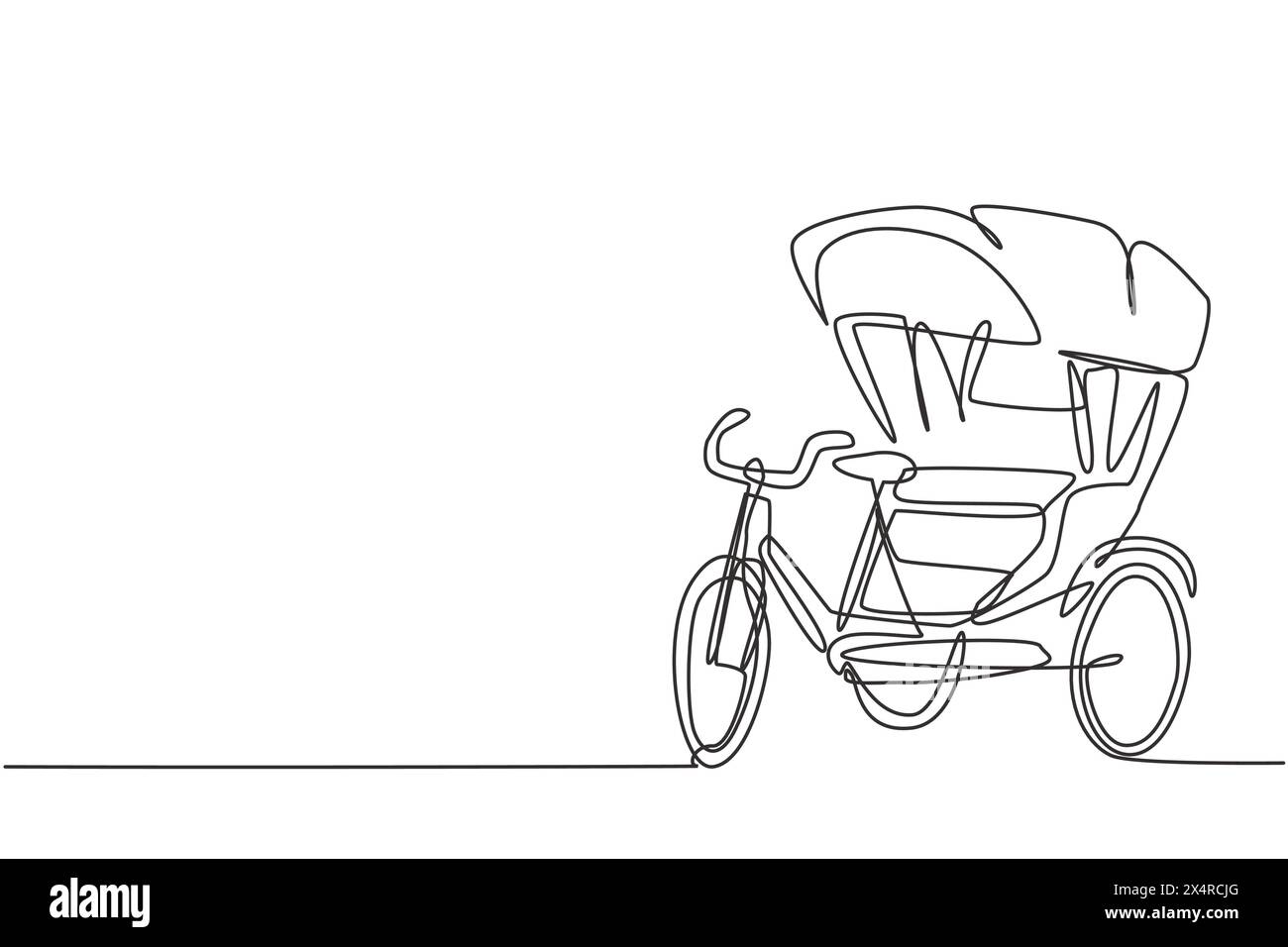 Eine einzeilige Zeichnung einer Fahrrad-Rikscha mit drei Rädern und einem Fond-Beifahrersitz ist ein altes Fahrzeug in mehreren asiatischen Ländern. Modernes Kontinuum Stock Vektor