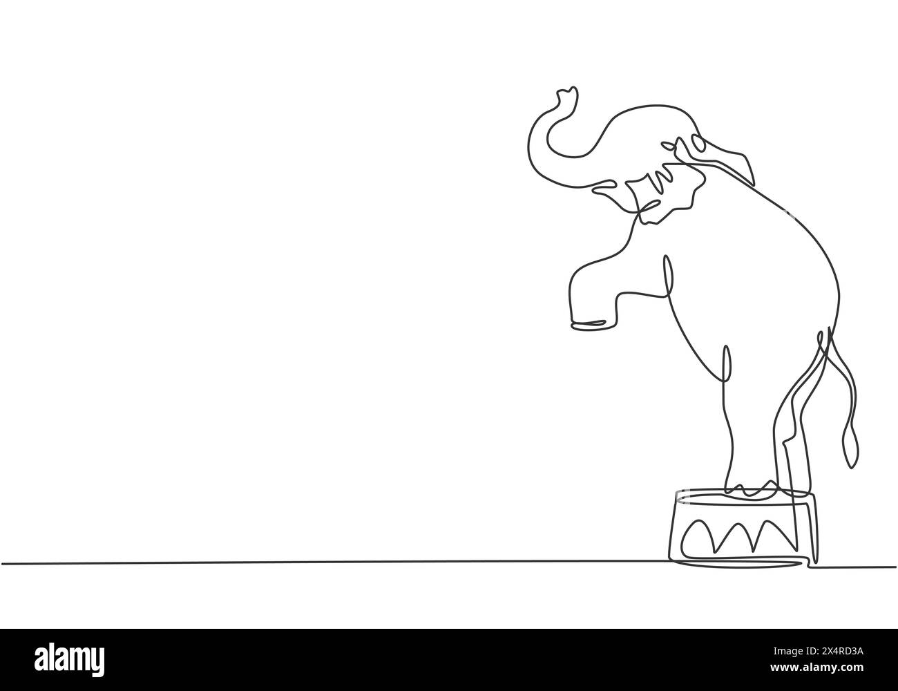 Eine einzige einzeilige Zeichnung eines Elefanten steht auf einem Zirkusstuhl mit hochgezogenen Vorderbeinen. Sehr gute Performance und erfolgreiche Zirkusshow. Kontinuierlich Stock Vektor