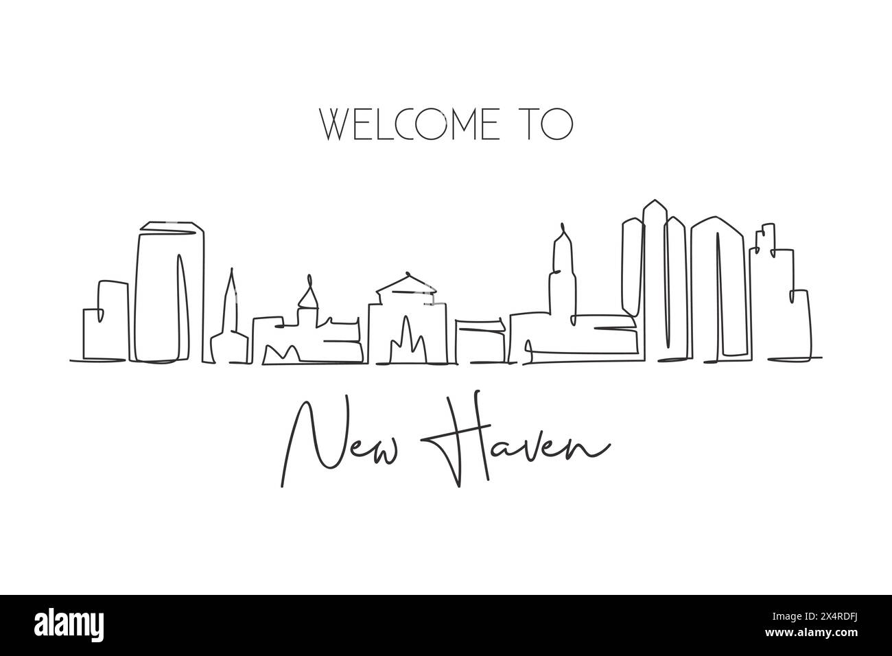 Eine einzelne Linie zeichnet die Skyline von New Haven, Connecticut. Welthistorische Stadtlandschaft. Postkarte für das beste Urlaubsziel. Bearbeitbarer Schlagtrend Stock Vektor