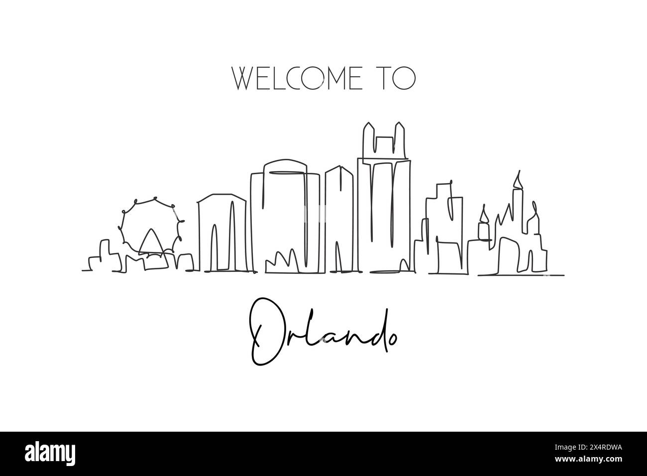 Eine durchgehende Linienzeichnung der Skyline von Orlando, Florida. Wunderschönes Wahrzeichen. Welt Landschaft Tourismus Reise Heim Wanddekoration Poster Druck. Stilvoll Stock Vektor