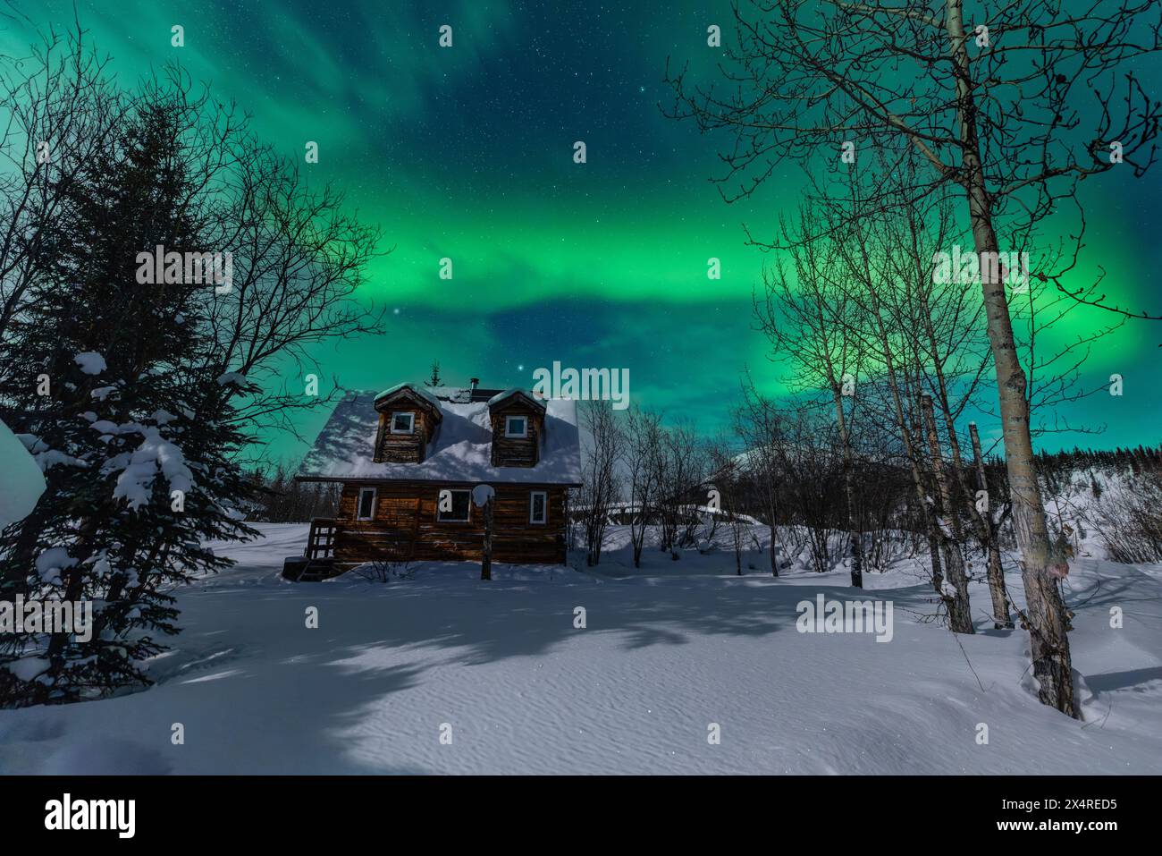Aurora Borealis über Hütten in Coldfoot, Alaska, USA Stockfoto