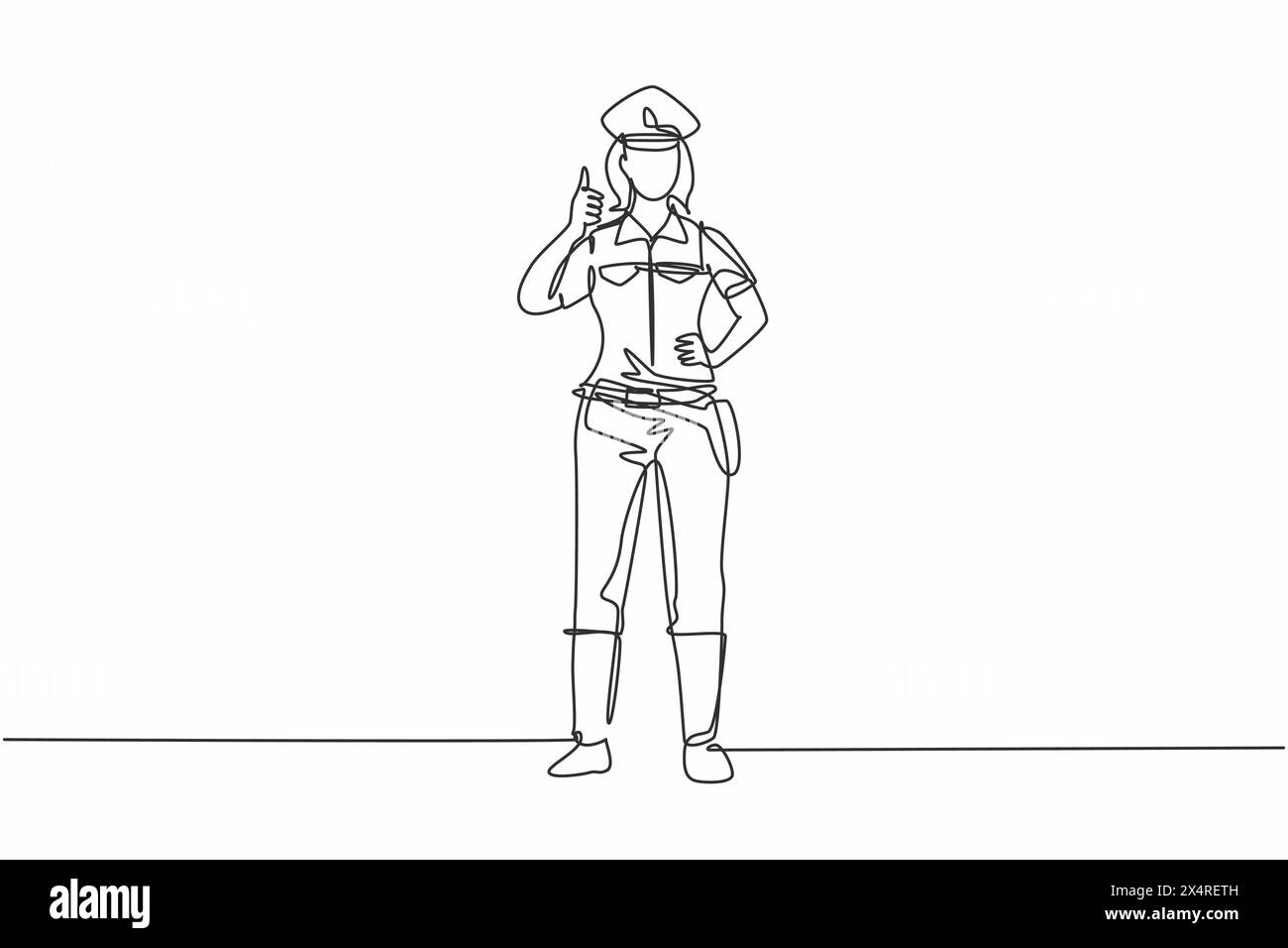 Durchgehende Linie, die die Polizistin mit Daumen-nach-oben-Geste und in voller Uniform zeichnet, arbeitet, um den Fahrzeugverkehr auf der Autobahn zu kontrollieren. Sünde Stock Vektor