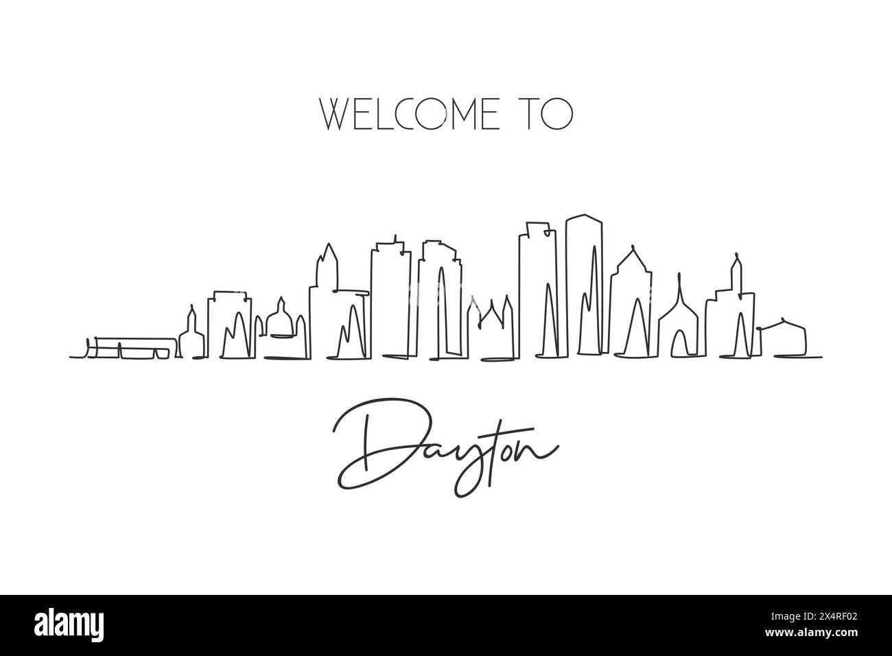 Eine durchgehende Linienzeichnung der Skyline von Dayton, Ohio. Wunderschönes Wahrzeichen. Welt Landschaft Tourismus Reise Heim Wanddekoration Poster Druck. Stilvolle Sünde Stock Vektor