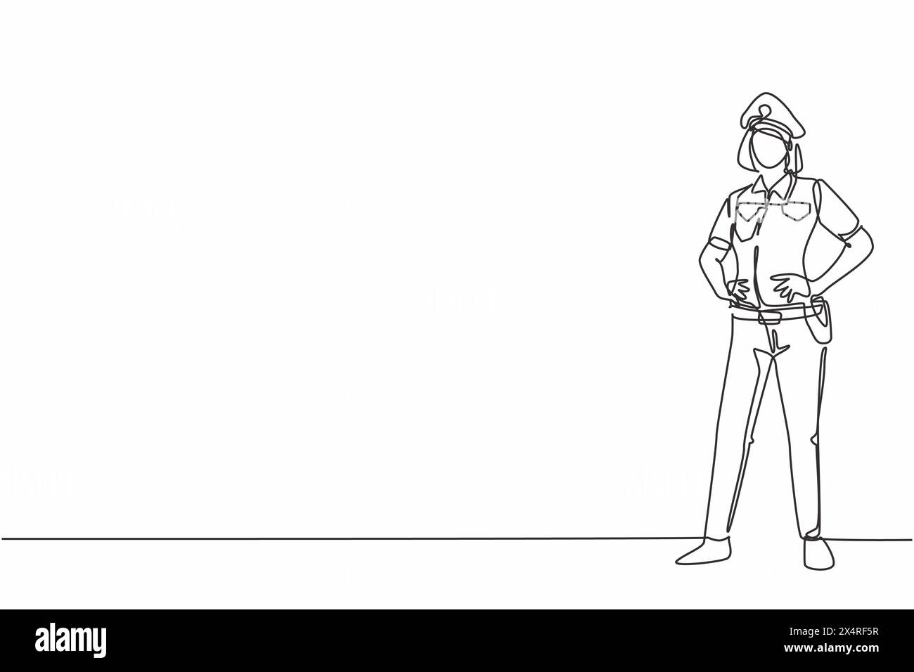 Durchgehende einzeilige Zeichnung einer jungen Schönheitspolizeiin auf Uniform stehend mit Händen an der Hüfte. Professionelles Berufsbild minimalistisches Konzept. Einfach Stock Vektor