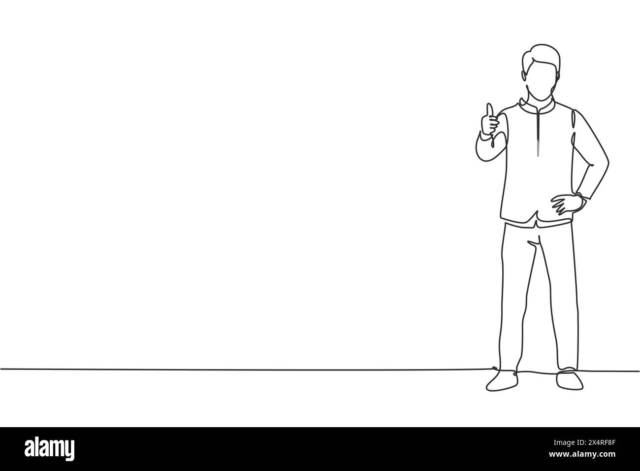 Eine einzige Zeilenzeichnung des Türstehers stand mit einer Hand auf der Taille, die andere mit einer Daumen-nach-oben-Geste. Arbeiten mit großartiger Gastfreundschaft. Kontin Stock Vektor