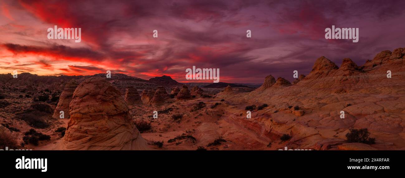 Panorama der pyramidenförmigen Sandsteinformationen bei Sonnenuntergang, South Coyote Buttes am Paria Canyon, Vermilion Cliffs National Monument, Arizona, USA Stockfoto