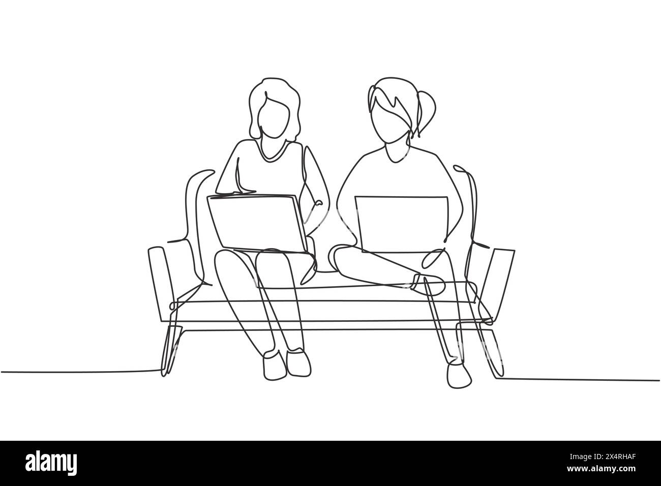 Durchgehende Linie, die zwei Frauen mit einem Laptop auf dem Sofa zeigt. Freiberufler, Fernunterricht, Online-Kurse und Studienkonzept. Si Stock Vektor