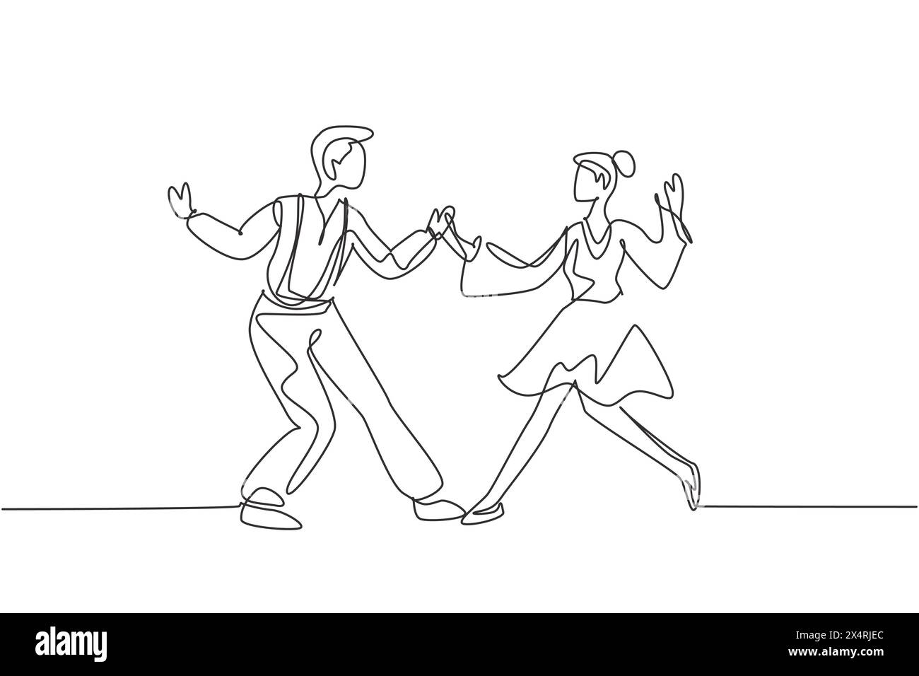 Durchgehende eine Linie, die Mann und Frau zeichnet, die Lindy Hop oder Swing zusammen tanzen. Männliche und weibliche Charaktere, die in der Schule oder auf der Party tanzen. Einfach Stock Vektor